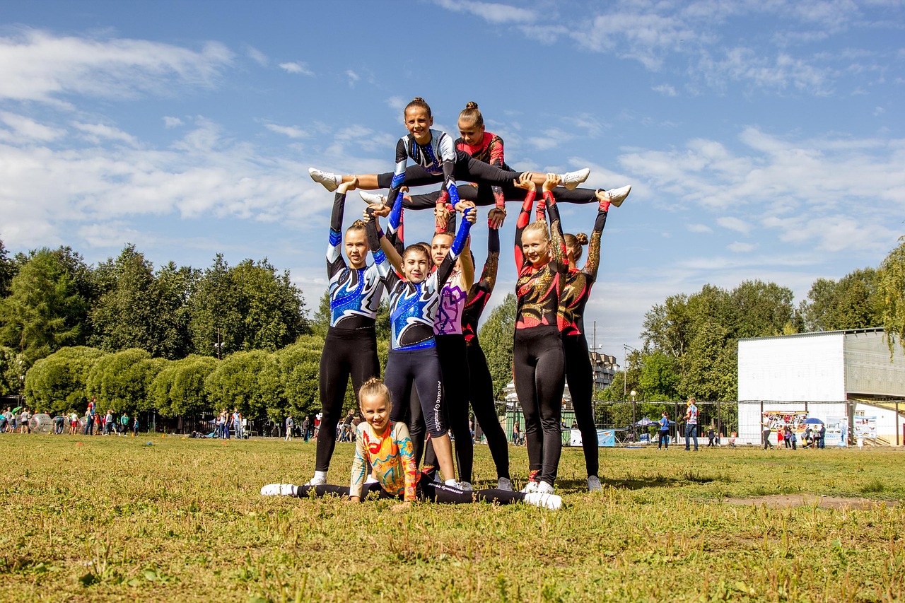 cheerleading, girls, kids, sports, nature, stadium, summer, health, lawn